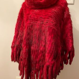 Knitted Mink- Red Poncho Cape- Roll Neck